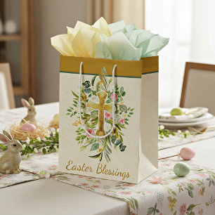 Gouden kruis en roze rozen aangepaste Pasen  Medium Cadeauzakje