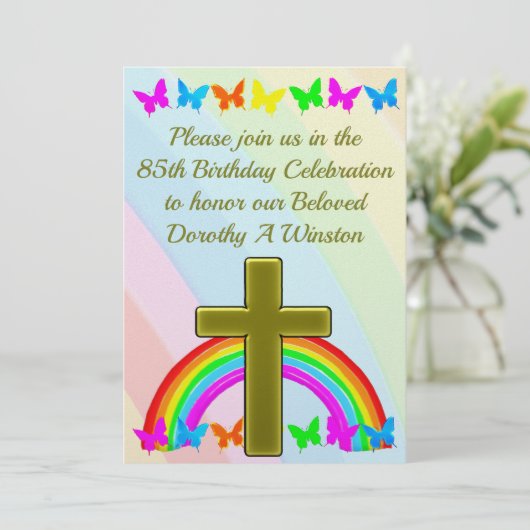 GOUDEN KRUIS EN VLINDER 85E VERJAARDAG UITNODIGING (Staand voorkant)