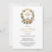 Gouden Kruis en Witte Rozen Eerste Heilige Communi Kaart (Voorkant)