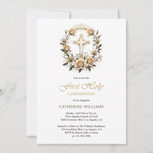 Gouden Kruis en Witte Rozen Eerste Heilige Communi Kaart (Voorkant)