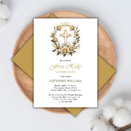 Gouden Kruis en Witte Rozen Eerste Heilige Communi Kaart