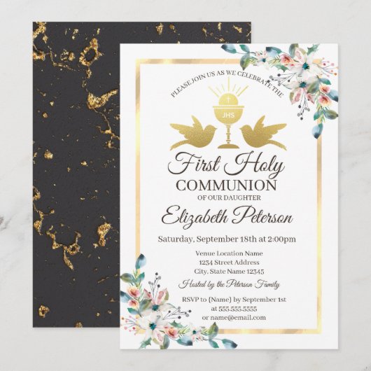 Gouden kruis frame bloem eerste heilige communie kaart (Voorkant / Achterkant)