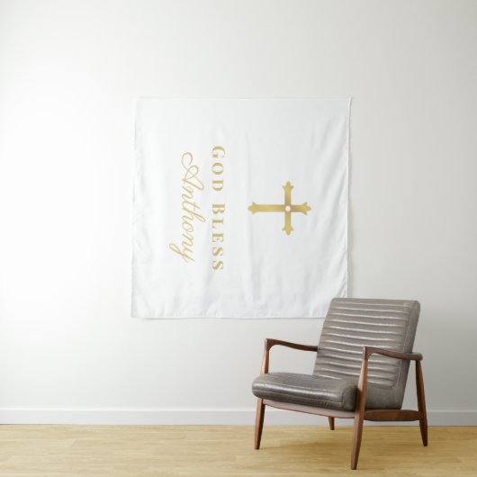 Gouden Kruis God zegene Baby Aangepaste Doop Wandkleed (In Situ (horizontaal))