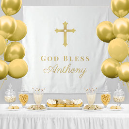 Gouden kruis God zegene doopfeest achtergrond Wandkleed
