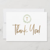 Gouden Kruis Groene Waterverf krans Eerste communi Bedankkaart (Voorkant)