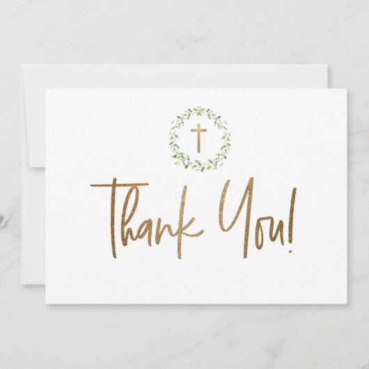Gouden Kruis Groene Waterverf krans Eerste communi Bedankkaart (Voorkant)