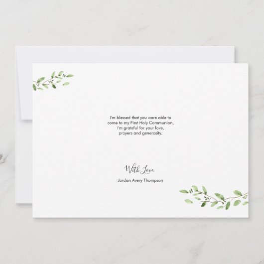 Gouden Kruis Groene Waterverf krans Eerste communi Bedankkaart (Achterkant)