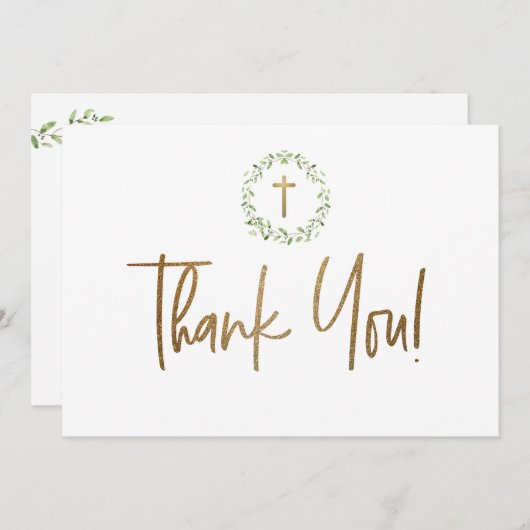 Gouden Kruis Groene Waterverf krans Eerste communi Bedankkaart (Voorkant / Achterkant)