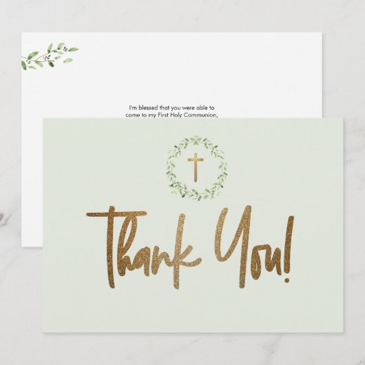 Gouden Kruis Groene Waterverf verlaat Eerste commu Bedankkaart (Voorkant / Achterkant)