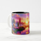 Gouden Kruis in een hemelse tropische tuin Tweekleurige Koffiemok (Voorkant links)