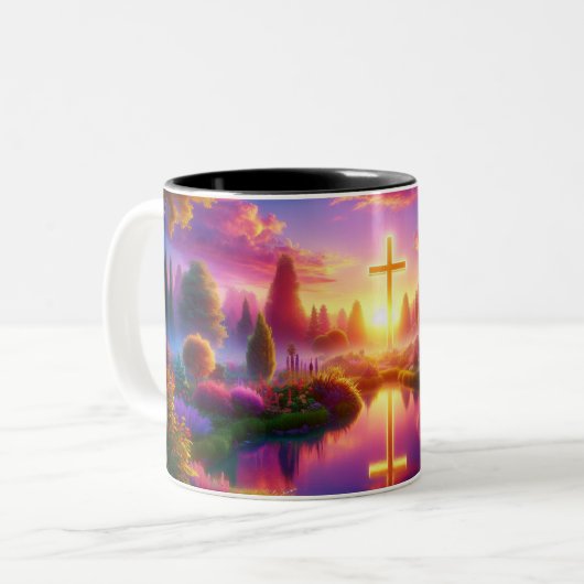 Gouden Kruis in een hemelse tropische tuin Tweekleurige Koffiemok (Voorkant links)