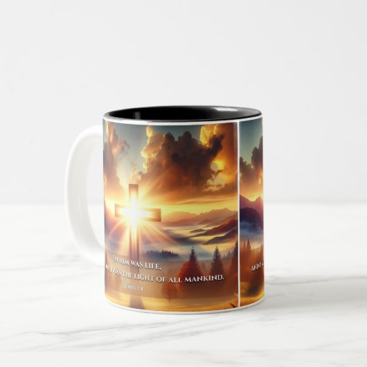 Gouden Kruis in een herfstweide bij zonsopgang Tweekleurige Koffiemok (Voorkant links)