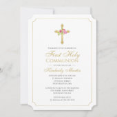 Gouden Kruis met Roze Rozen Bloemen Eerste Communi Kaart (Voorkant)