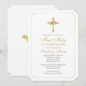 Gouden Kruis met Roze Rozen Bloemen Eerste Communi Kaart (Voorkant / Achterkant)