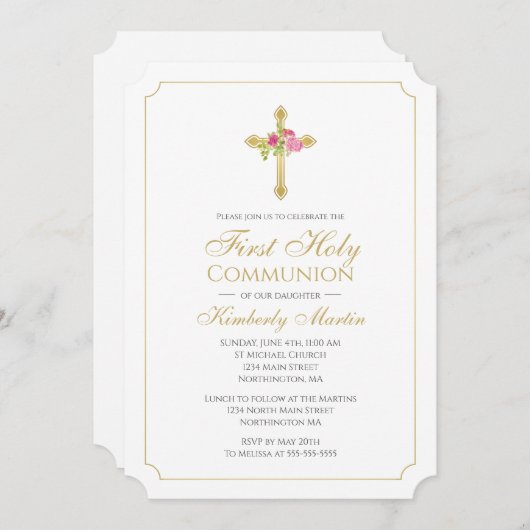 Gouden Kruis met Roze Rozen Bloemen Eerste Communi Kaart (Voorkant / Achterkant)