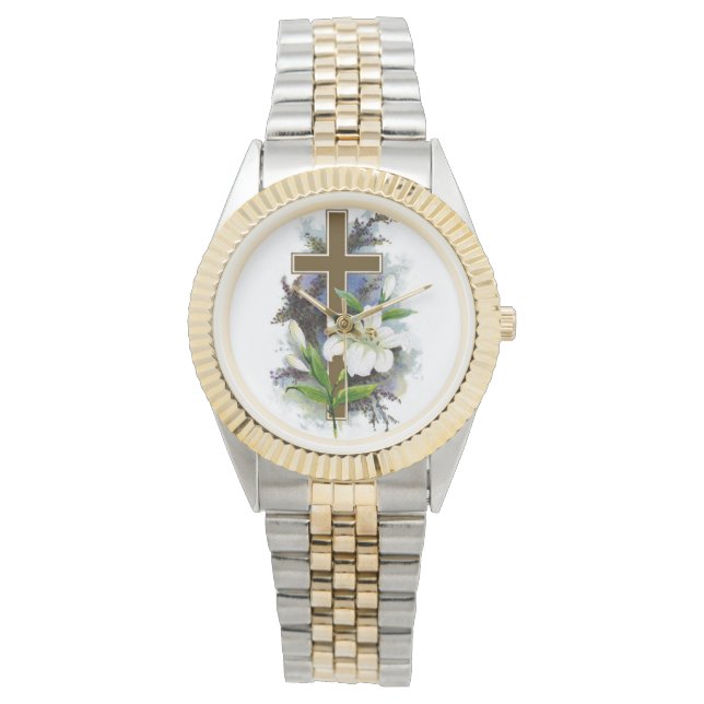 Gouden kruis met witte bloem horloge (Voorkant)
