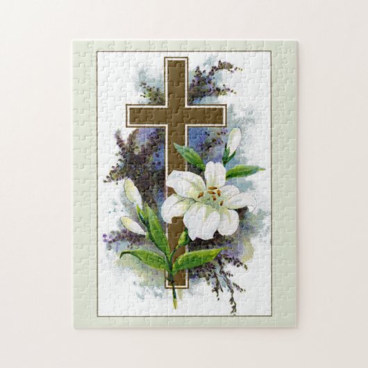 Gouden kruis met witte bloem legpuzzel (Verticaal)