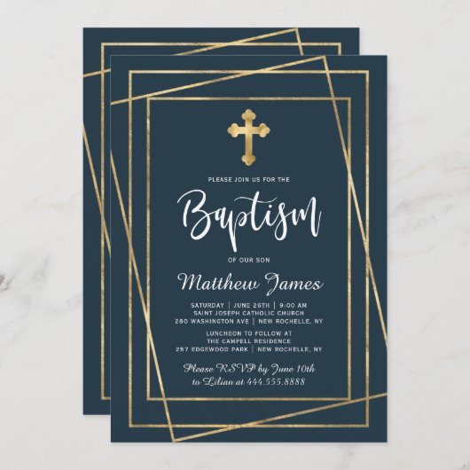 Gouden Kruis Modern Script Navy Blauwe Jongens Doo Kaart (Voorkant / Achterkant)