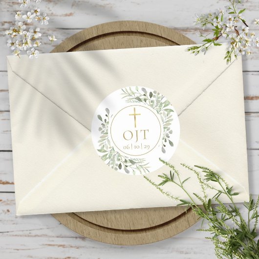 Gouden Kruis Monogram Beginletters Groene Bladeren Ronde Sticker