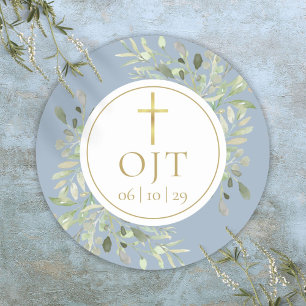 Gouden Kruis Monogram Beginletters Groene Bladeren Ronde Sticker