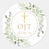 Gouden Kruis Monogram Beginletters Groene Bladeren Ronde Sticker (Voorkant)