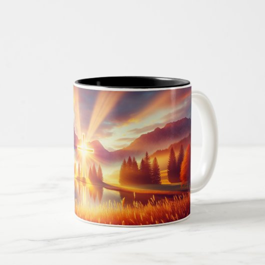 Gouden kruis onder een glorieuze zonsopgang tweekleurige koffiemok (Voorkant rechts)