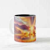 Gouden kruis onder een glorieuze zonsopgang tweekleurige koffiemok (Voorkant links)