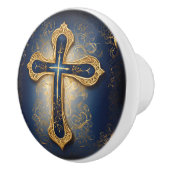 Gouden kruis op blauw keramische knop (Rechts)