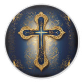 Gouden Kruis Op Blauwe Keramische Knop (Voorkant)