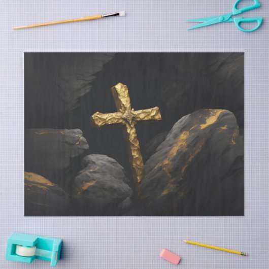 Gouden kruis op een rots tissuepapier (Craft)