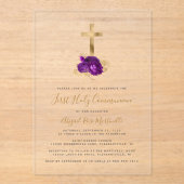 Gouden Kruis Paarse Bloemen Eerste Communie Acryl Uitnodigingen (Voorkant)