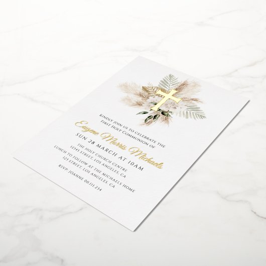 Gouden Kruis Pampas Eerste Heilige Communie Folie Uitnodiging (Gedraaid)