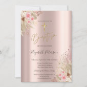 Gouden Kruis Pampas Gras Bloemen Doop Roze Goud  Kaart (Voorkant)