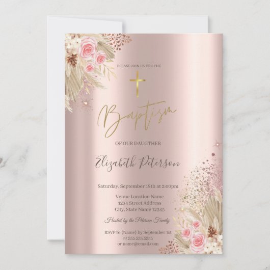 Gouden Kruis Pampas Gras Bloemen Doop Roze Goud  Kaart (Voorkant)