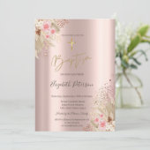 Gouden Kruis Pampas Gras Bloemen Doop Roze Goud  Kaart (Staand voorkant)