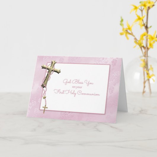 Gouden Kruis, Roze Rozenkrans Kralen, Communie Zeg Kaart (Gele Bloem)