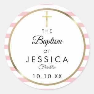 Gouden kruis roze streep Doop Doopfeest Ronde Sticker