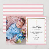 Gouden kruis roze streep Doop Foto Bedankkaart (Voorkant / Achterkant)