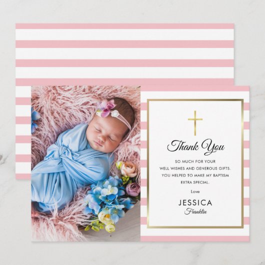 Gouden kruis roze streep Doop Foto Bedankkaart (Voorkant / Achterkant)