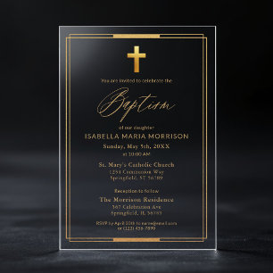 Gouden Kruis Script Typografie Chic Elegante Doop Acryl Uitnodigingen