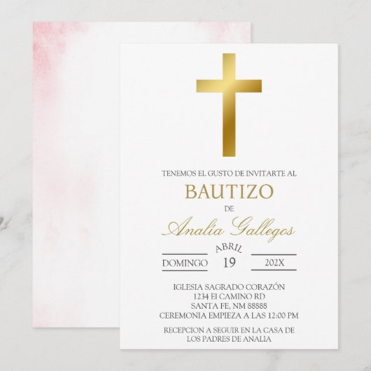 Gouden Kruis Spaanse doop uitnodiging (Voorkant / Achterkant)