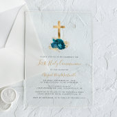 Gouden Kruis Turquoise Bloemen Eerste Communie Acryl Uitnodigingen