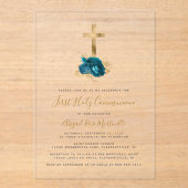 Gouden Kruis Turquoise Bloemen Eerste Communie Acryl Uitnodigingen (Voorkant)