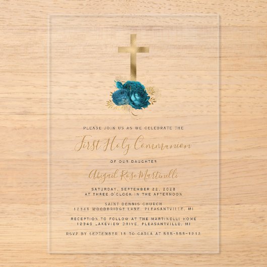 Gouden Kruis Turquoise Bloemen Eerste Communie Acryl Uitnodigingen (Voorkant)