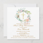 Gouden Kruis Waterverf Bloem Eerste Heilige Commun Kaart (Voorkant)