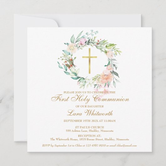 Gouden Kruis Waterverf Bloem Eerste Heilige Commun Kaart (Voorkant)