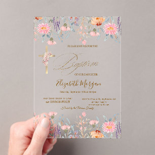 Gouden Kruis Wilde Bloemen Roze Doop Acryl Uitnodigingen