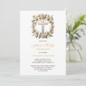 Gouden Kruis Witte Rozen Lelies Eerste Heilige Com Kaart (Staand voorkant)