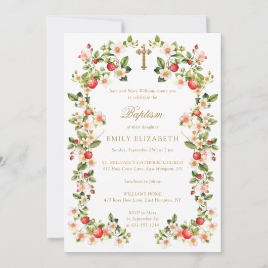 Gouden Kruisbloemen & Aardbeien Doop Kaart (Voorkant)