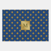 Gouden kruisbloemige bloemen Monogrammed Blauw Inpakpapier Vel (Voorkant 3)